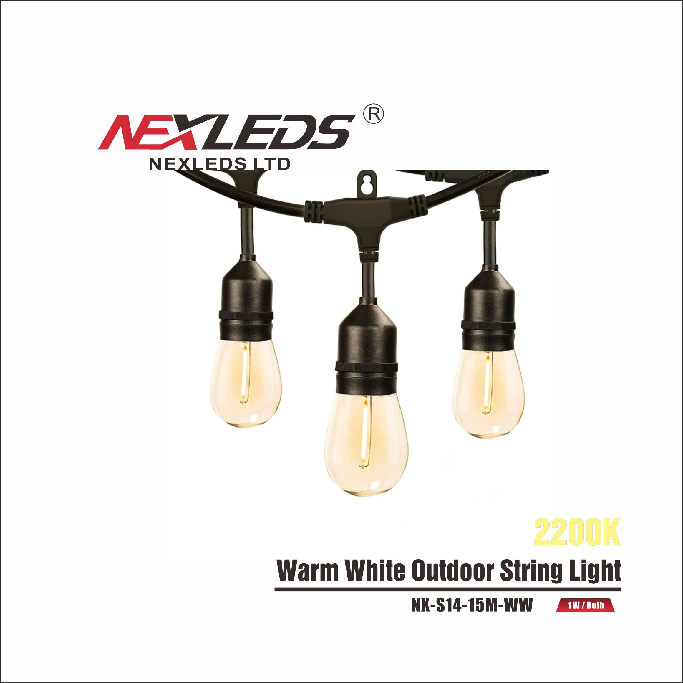 NX-S14-15M-WW - LED Warm White Outdoor String Lights - Maple Electric Supply 