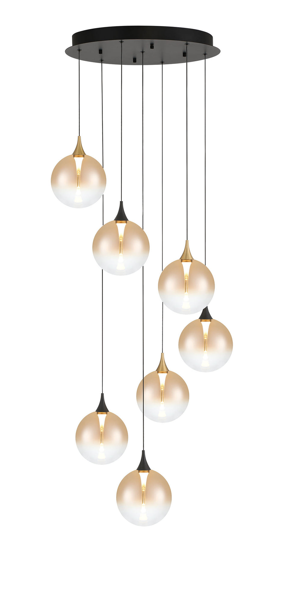 Eurofase Iissa 21" 7-Light LED Chandelier, Gold-Black Mix with Amber Glass, front view