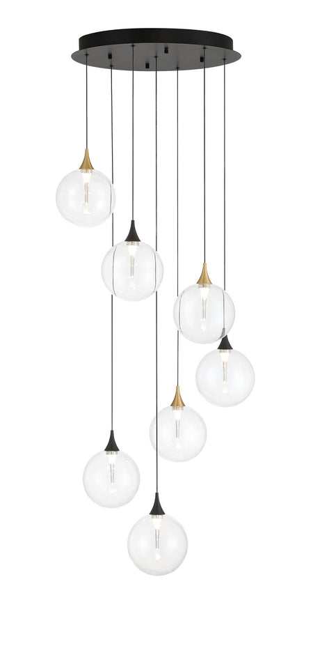Eurofase Iissa 21" 7-Light LED Chandelier, Gold-Black Mix with Clear Glass, front view