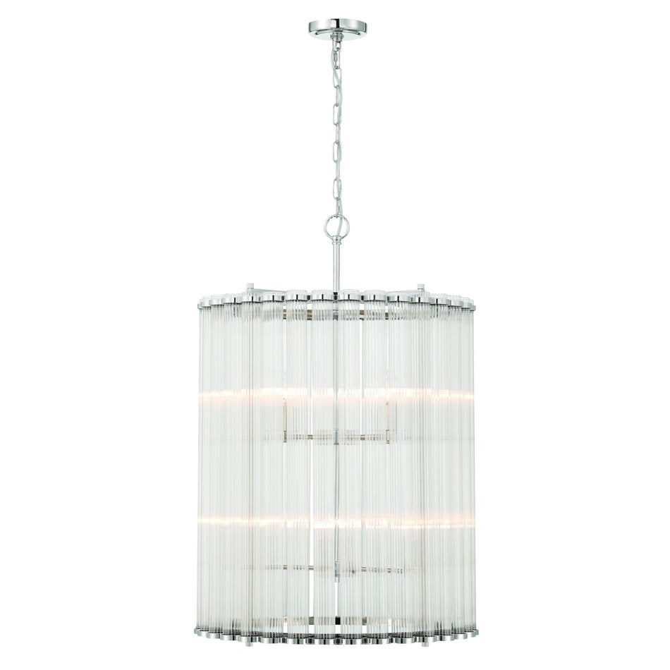 Eurofase Glasbury 27" 8-Light Chandelier, Polished Nickel with Ribbed Glass, front view