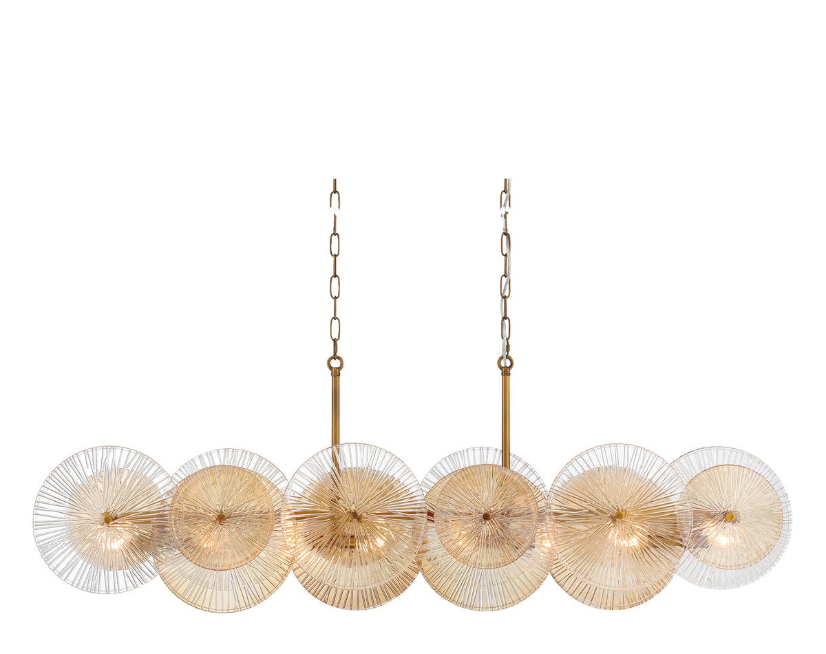 Eurofase Sue-anne 57" 8-Light Chandelier, Matte Gold with Amber Glass, front view