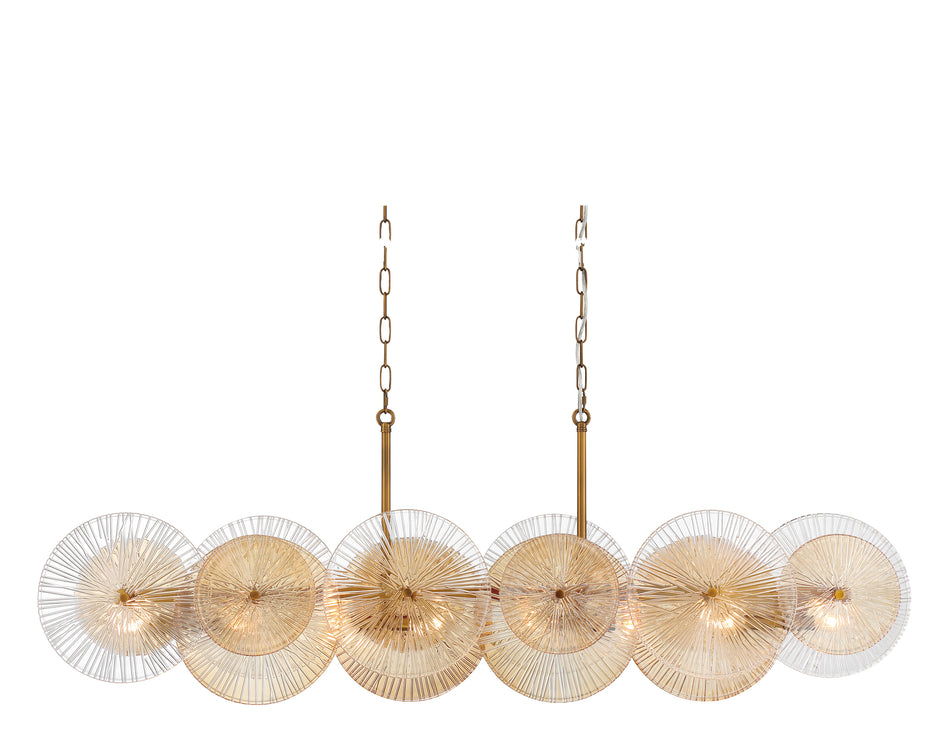 Eurofase Sue-anne 57" 8-Light Chandelier, Matte Gold with Amber Glass, front view