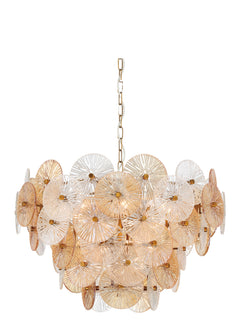 Eurofase Sue-anne 29" 12-Light Chandelier, Matte Gold with Amber Glass, front view