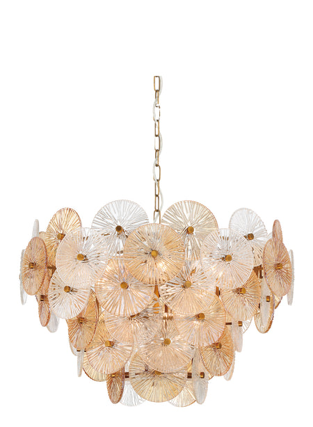 Eurofase Sue-anne 29" 12-Light Chandelier, Matte Gold with Amber Glass, front view