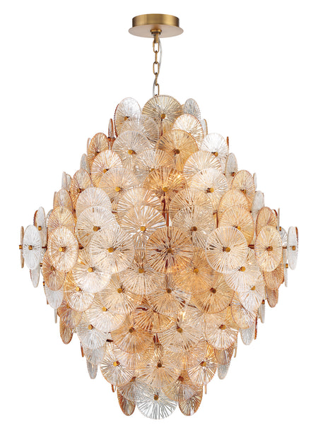 Eurofase Sue-anne 40" 27-Light Chandelier, Matte Gold with Amber Glass, front view
