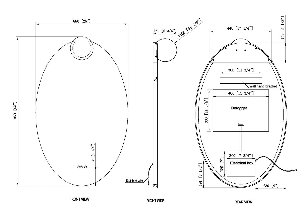 Gia LED mirror dimension drawing