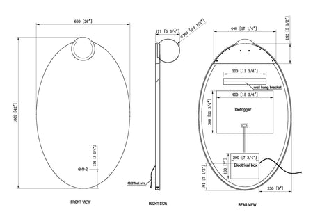 Gia LED mirror dimension drawing