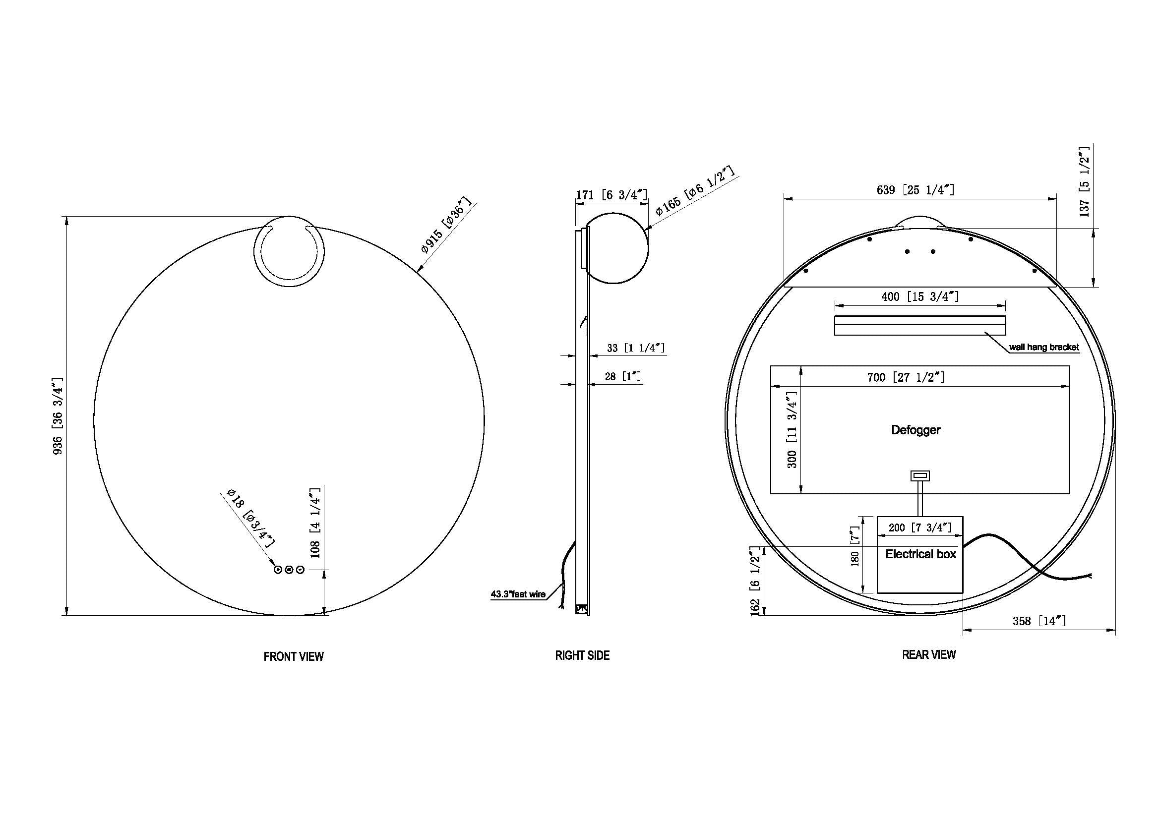 Gia LED mirror dimension drawing
