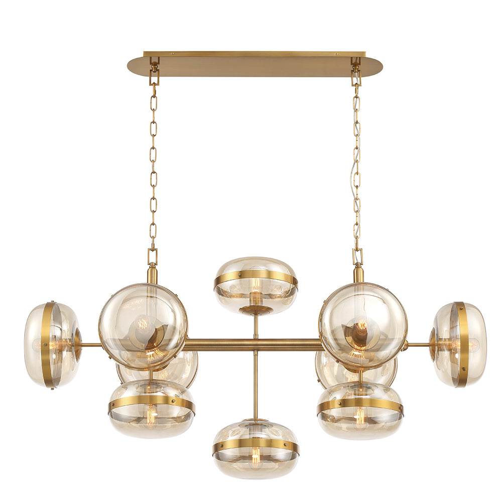 Eurofase Nottingham 54.25" 10-Light Chandelier, Antique Brass with Amber Glass, front view