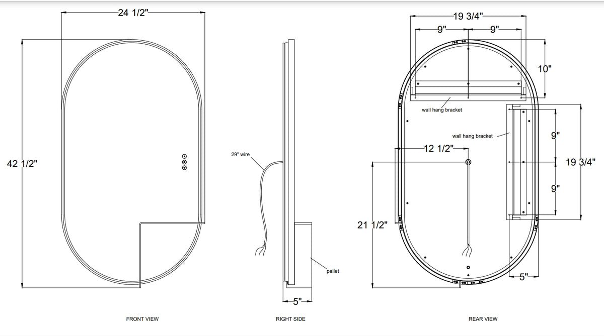 Linden LED mirror dimension drawing