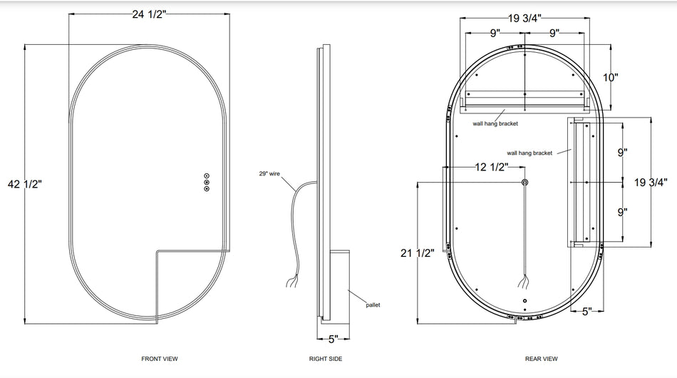 Linden LED mirror dimension drawing