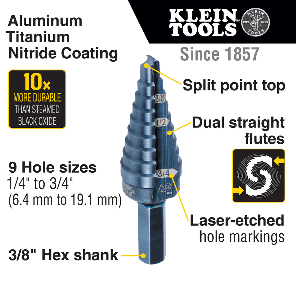Klein Tools KTSB03 Step Drill Bit Double Fluted #3, 1/4 to 3/4-Inch - additional view
