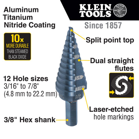 Klein Tools KTSB14 Step Drill Bit #14 Double-Fluted, 3/16 to 7/8-Inch - additional view
