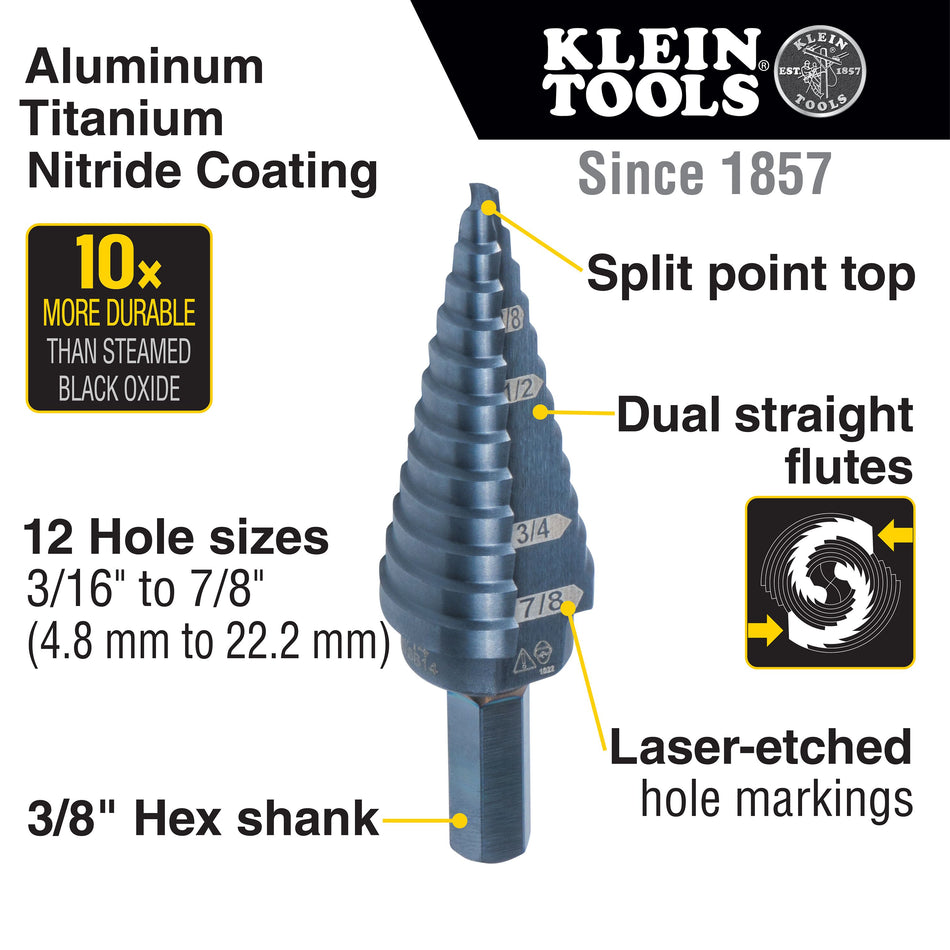 Klein Tools KTSB14 Step Drill Bit #14 Double-Fluted, 3/16 to 7/8-Inch - additional view