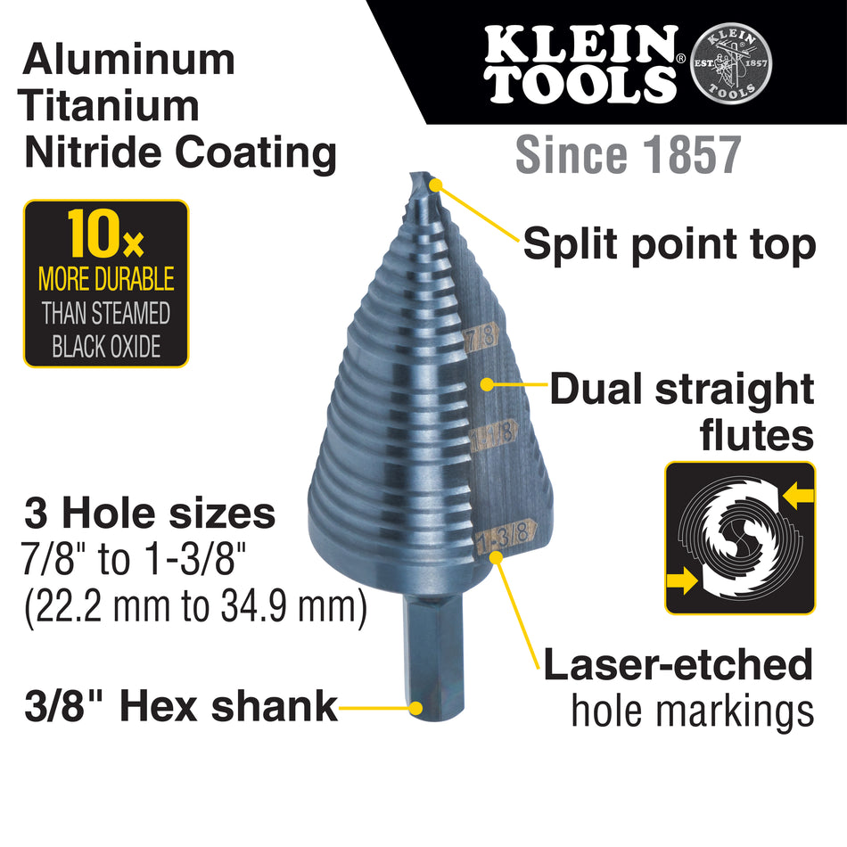 Klein Tools KTSB15 Step Drill Bit #15 Double Fluted 7/8 to 1-3/8-Inch - additional view