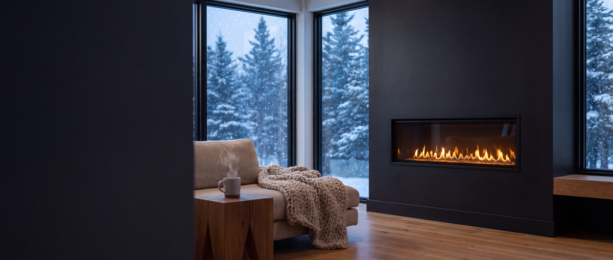 Linear electric fireplace glowing in a modern living room while snow falls outside