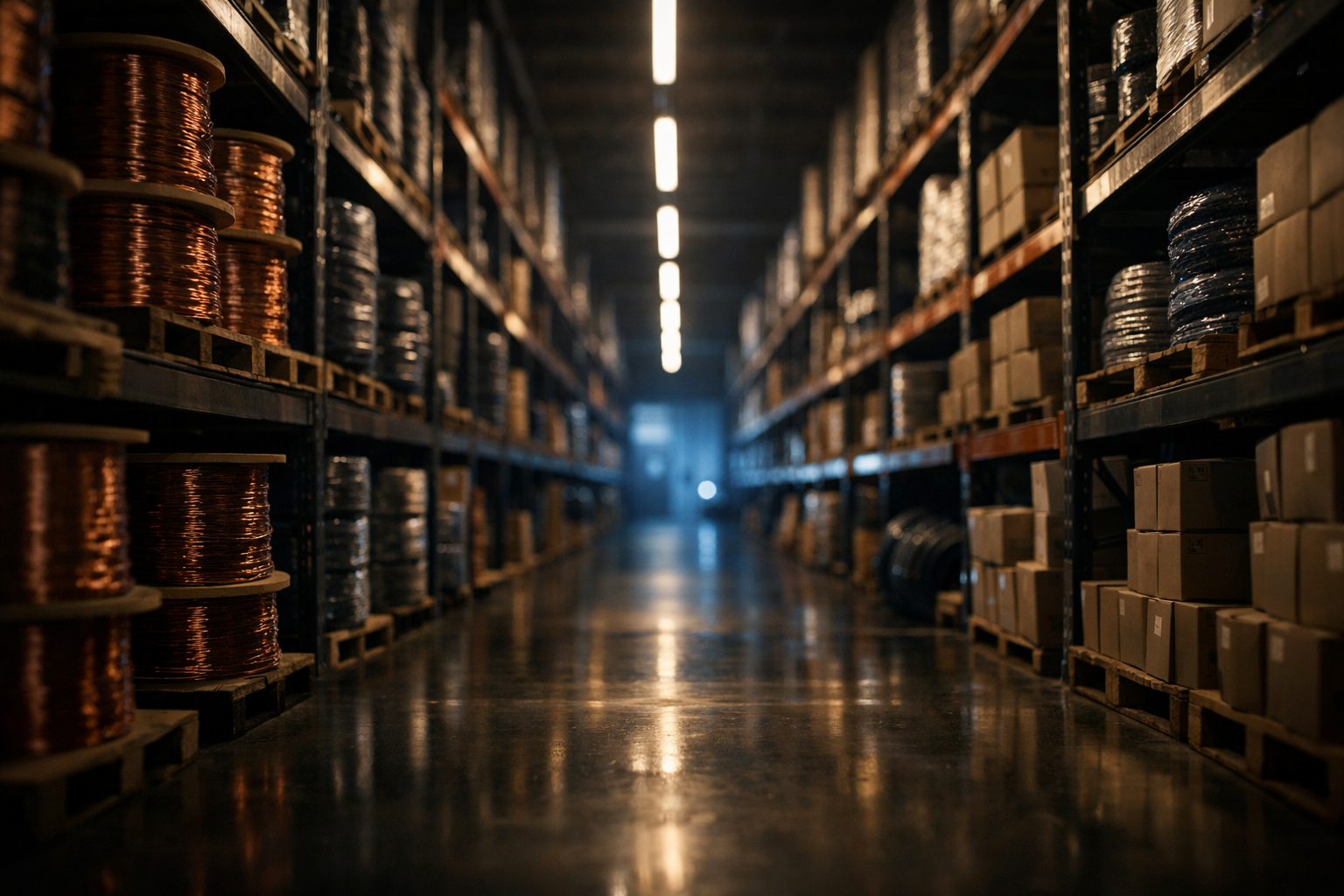 Aisle of an electrical supply warehouse stacked with copper wire spools and boxed breakers