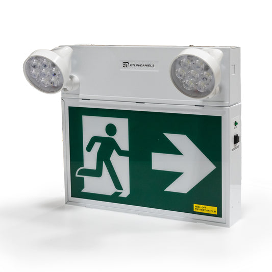 EC302WHM-A13-BB-GU-10RC LED Running Man Exit Sign with Combo Heads, Metal Frame Single and Double Sided Operation, Adjustable 2 X 5W Combo Heads