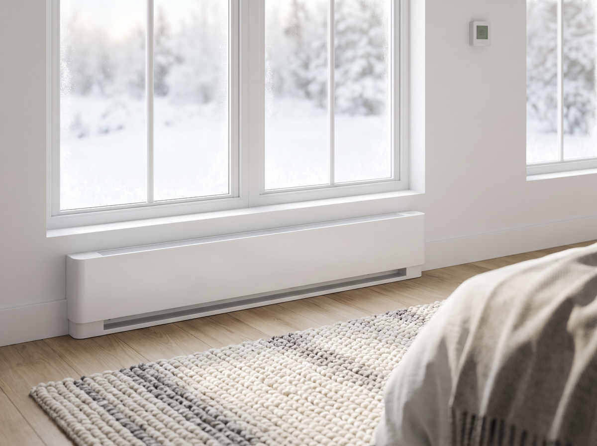 White electric baseboard heater under a frosted bedroom window