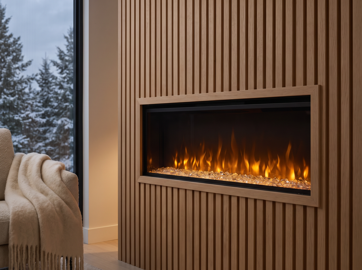 Recessed linear electric fireplace in an oak slat feature wall