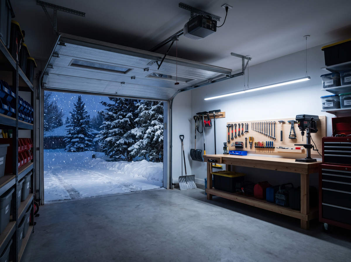 Garage workshop lit by LED shop lights on a snowy evening