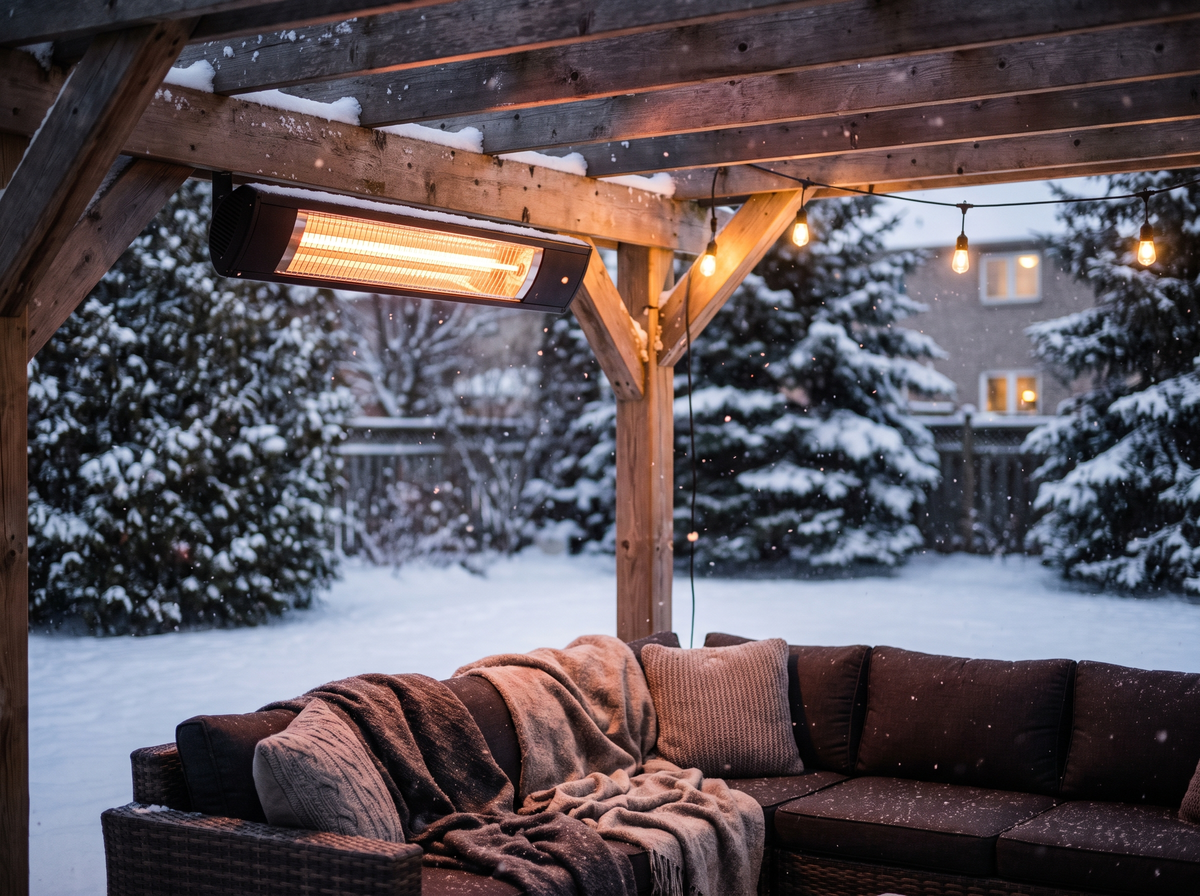 Electric infrared patio heater glowing over a snowy covered patio