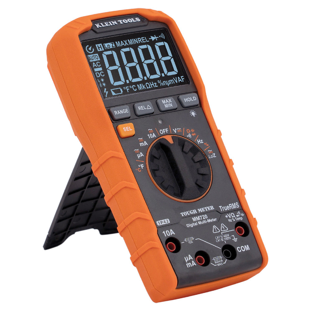 A photo of a , by MM720 - Digital Multimeter, TRMS Auto-Ranging, 1000V, Temp, Low Impedance - Klein Tools eCommerce - Maple Electric Supply in Canada