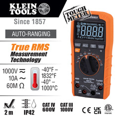 A photo of a , by MM720 - Digital Multimeter, TRMS Auto-Ranging, 1000V, Temp, Low Impedance - Klein Tools eCommerce - Maple Electric Supply in Canada