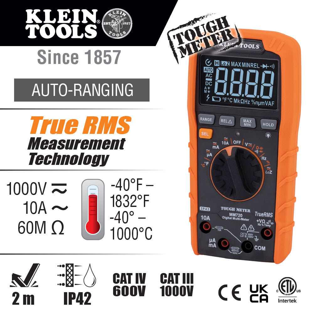 A photo of a , by MM720 - Digital Multimeter, TRMS Auto-Ranging, 1000V, Temp, Low Impedance - Klein Tools eCommerce - Maple Electric Supply in Canada