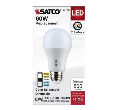 Satco 8.8A19/LED/5CCT/E26/120V - Maple Electric Supply 