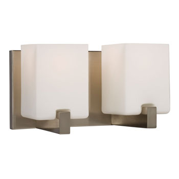 Cubic 2-Light Vanity Light - Brushed Nickel, White Opal Glass Shades, 60W, 11"W x 6-1/4"H, Non-Dimmable - Stylish and modern lighting for bathrooms, not Energy Star rated, uses A15 bulbs., Bath & Vanity Lights, Galaxy Lighting - Maple Electric Supply 