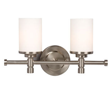 Brighton Two Light Vanity, Brushed Nickel with Satin White Glass, 100W, 16"W x 9.25"H, Medium Base, Non-Dimmable, Bath & Vanity Lights, Galaxy Lighting - Maple Electric Supply 