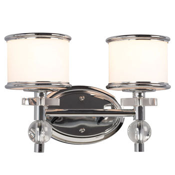 Chrome Finish Two Light Vanity w/ White Glass, 60W A15 Bulbs, 13.5"W x 9.25"H, Med. Base, Non-Dimmable, Stylish Bathroom Lighting, Bath & Vanity Lights, Galaxy Lighting - Maple Electric Supply 