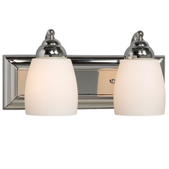 Barclay Two Light Vanity - Chrome with Satin White Glass, 100W Bulbs, 14"W, Non-Dimmable, Modern Bathroom Lighting Fixture, Bath & Vanity Lights, Galaxy Lighting - Maple Electric Supply 