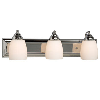 Barclay Three Light Vanity - Chrome Finish, Satin White Glass, 24"W x 7"H, 100W Med Base, Non-Dimmable, Modern Bathroom Lighting Fixture, Bath & Vanity Lights, Galaxy Lighting - Maple Electric Supply 