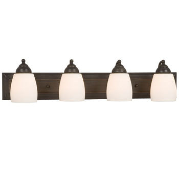 Barclay Four Light Vanity - Oil Rubbed Bronze, White Satin Glass, 100W Med. Base Bulbs, 30"W x 7"H, Non-Dimmable, Bath & Vanity Lights, Galaxy Lighting - Maple Electric Supply 