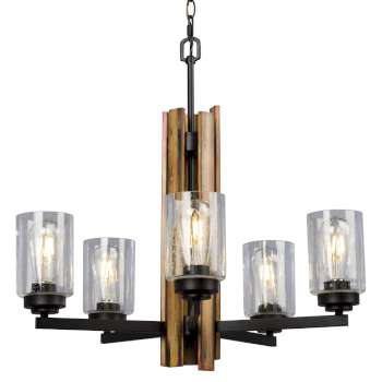 Harrison 5L Chandelier - Black & Wood Finish, 25"D x 24-1/8"H, 60W Bulbs, Clear Glass, Non-Dimmable, Elegant Lighting Fixture, Chandeliers, Galaxy Lighting - Maple Electric Supply 