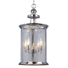 Chrome Pendant Light with Clear Glass Shade - 4x60W, 12"D x 24.5"H, Cand. Base, Non-Dimmable - Sleek chrome finish, clear glass for bright illumination, holds 4 bulbs, non-dimmable.