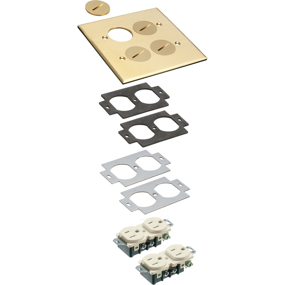 Arlington 2 Gang Brass Cover 4 Plug | Metallic Threaded Plugs