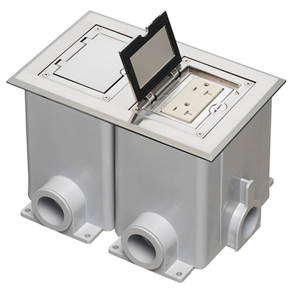 Nickel Two Gang Floor Kit - Arlington Flip Lid Cover, 20A Receptacle