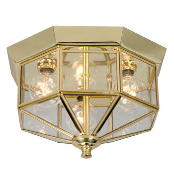 860809H Flush Mount - Polished Brass Finish, 3 G16.5 Bulbs, Clear Glass, 25W, Non-Dimmable