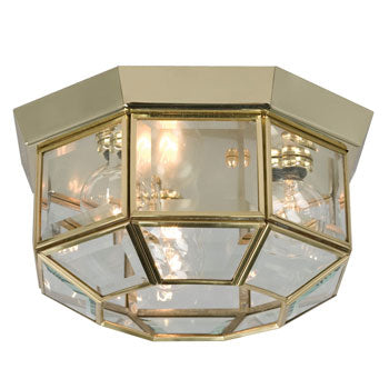 860825PB Flush Mount - Polished Brass, Clear Glass, 3x G16.5 Bulbs, 25W Each, 9-3/4"D x 4-3/4"H, Non-Dimmable