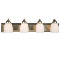 Barclay Four Light Vanity - Brushed Nickel, Satin White Glass, 100W Each, 30"x7", Med. Base, Non-Dimmable, Elegant Bathroom Lighting Fixture