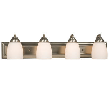 Barclay Four Light Vanity - Brushed Nickel, Satin White Glass, 100W Each, 30"x7", Med. Base, Non-Dimmable, Elegant Bathroom Lighting Fixture