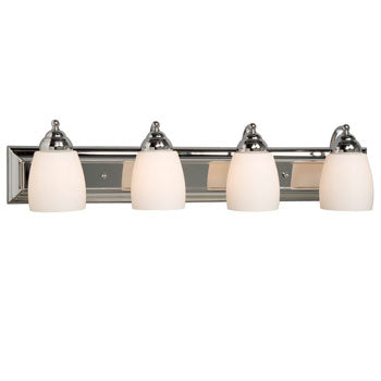 Barclay Four Light Vanity - Chrome, Satin White Glass, 30”W x 7”H, 100W, Non-Dimmable, Med. Base Bulbs, Modern Bathroom Fixture