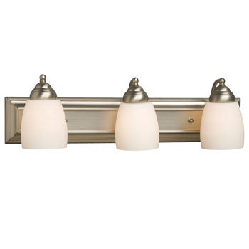 Barclay Three Light Vanity - Brushed Nickel, Satin White Glass, 24" Wide, 100W Med. Base, Non-Dimmable