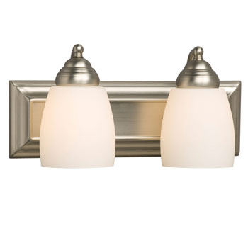 Barclay Two-Light Vanity Fixture, Brushed Nickel, Satin White Glass, 100W, 14"W, Dimmable, Elegant Design
