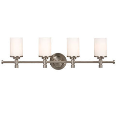 Brighton Four Light Vanity, Brushed Nickel, Satin White Glass, 32" Wide, 100W Bulbs, Non-Dimmable, 9.25" High
