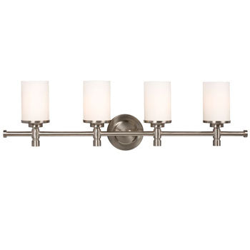 Brighton Four Light Vanity, Brushed Nickel, Satin White Glass, 32" Wide, 100W Bulbs, Non-Dimmable, 9.25" High