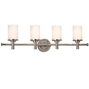 Brighton Four Light Vanity - Chrome, Satin White Glass - 100W, Med. Base, 32"W x 9-1/4"H, Non-Dimmable, Elegant Bathroom Fixture